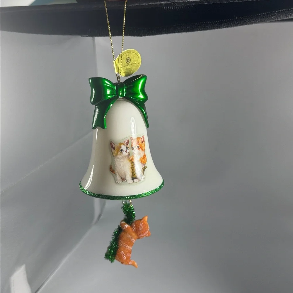 Bradford Exchange Cat Bell Christmas Ornament with Green Bow
